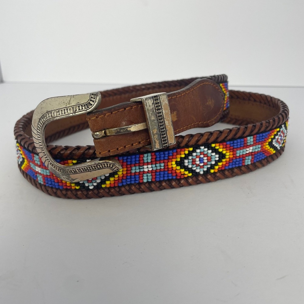 Vintage Beaded Leather Western Belt Size 34 Southwestern Cowboy Boho Rodeo